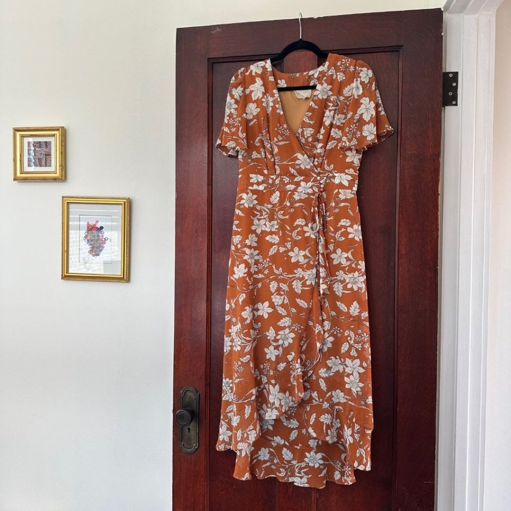 Orange Floral Midi Wrap Dress